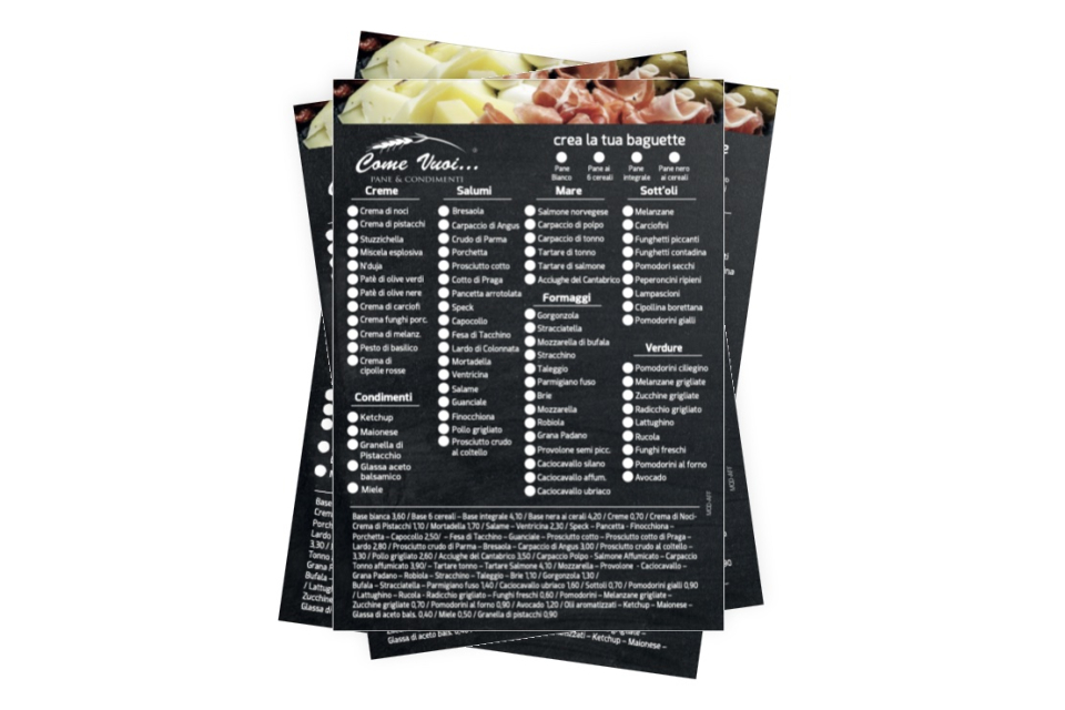 Schede Baguetteria Come Vuoi - Volantino A5 4+4 colori, carta usomano 90g